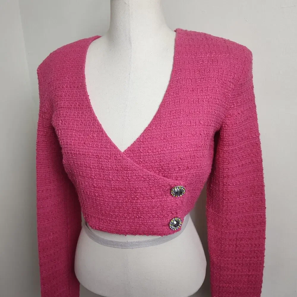 Zara Blouse Womens Medium Pink Cropped V Neck Rhinestone Button Long Sleeve NWT